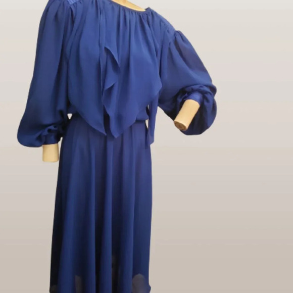 Retro Blue Chiffon  long sleeve dress - Picture 6 of 7
